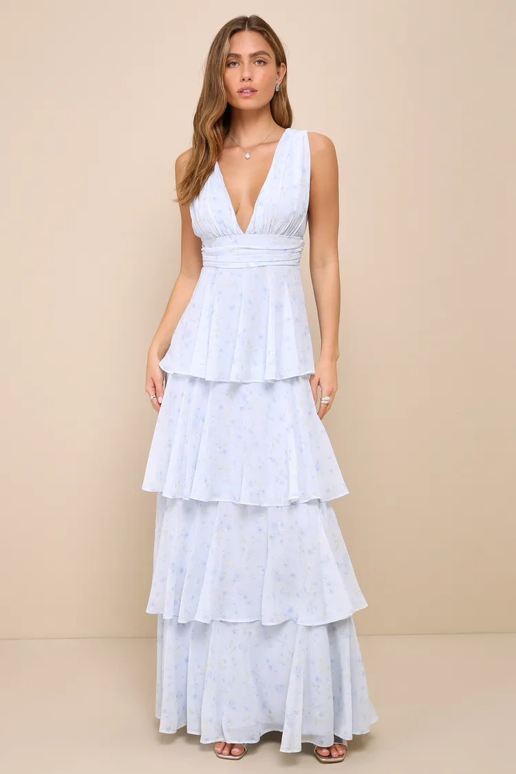 Amazing Evening Light Blue Floral Tiered Maxi Dress | Lulus