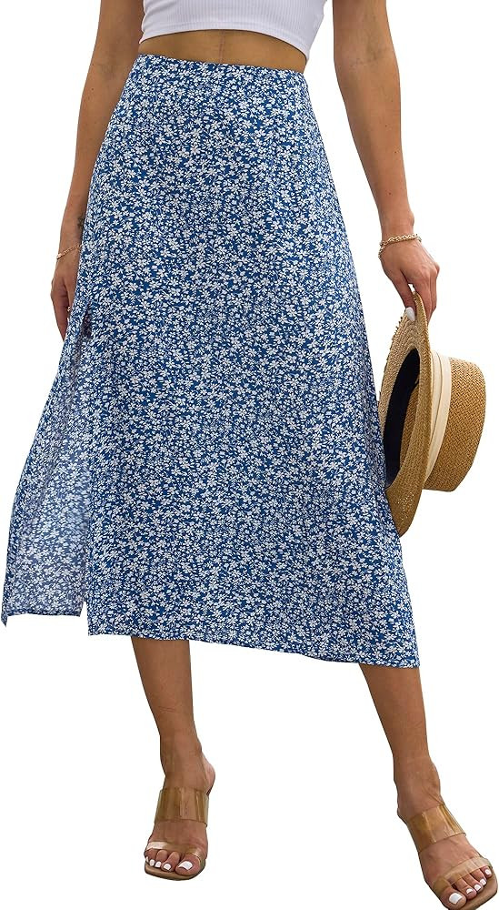 NENONA Womens 2024 Summer High Waisted Flowy Slit Midi Skirts Casual Lightweight Boho Floral Beac... | Amazon (US)