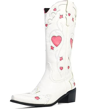 AMINUGAL Womens Mid Calf Embroidered Cut Out Cute Heart Cowgirl Boots Pull on Point Toe Chunky He... | Amazon (US)