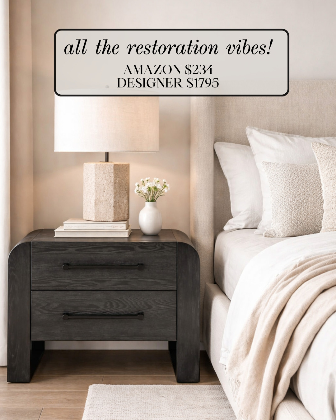 Must Have — RESTORATION-INSPIRED NIGHTSTAND

This piece gives full RESTORATION VIBES without the designer markup. The curved silhouette, rich WOOD GRAIN, and oversized matte black hardware make it look custom and high-end. Amazon price is $234 compared to $1,795 for the designer version — the savings speak for themselves. Such a beautiful way to elevate a bedroom instantly.

#Amazon #TheHillaryStyle #AmazonHome #RestorationInspired #DesignerLookForLess #LuxuryForLess #BedroomInspo #NeutralHome #HighEndStyle #HomeFinds 

 #LTKU #LTKOver40 #LTKHome