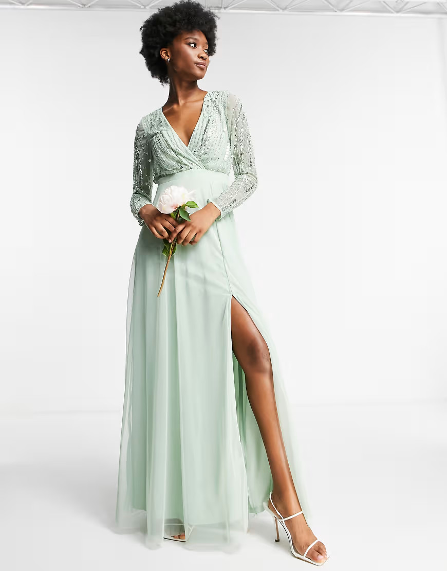 Frock and Frill wrap front embellished maxi dress in sage green | ASOS (Global)