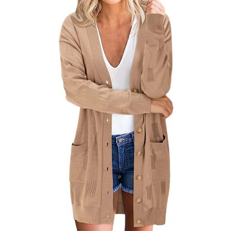 CILENON Oversized Cardigan Long Sleeve Cardigan for Women Cardigan Fashion Loose Comfortable Cardigan With Pockets Long Sleeve Kimono Sweaters (Khaki L) | Walmart (US)