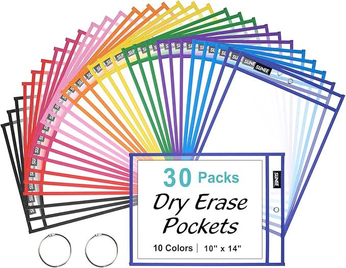 SUNEE 30 Packs Oversized Reusable Dry Erase Pocket Sleeves with 2 Rings, 10 Assorted Colors 10x14... | Amazon (US)