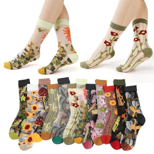 scenicamp 12 Pairs Women Floral Sheer Socks, Summer Cottagecore Thin See Through Socks Art Jacquard Transparent Crystal Glass Silk Sock Vintage Flower Mesh Lace Crew Sock for Women | Amazon (US)