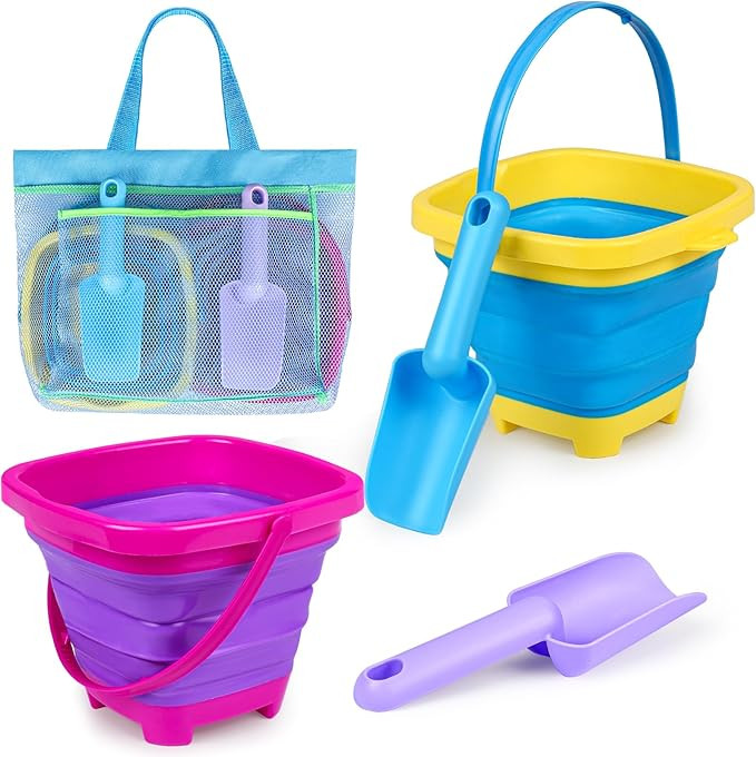 Collapsible Beach Buckets for Kids, 2 Packs Foldable Sand Buckets and Shovels with Mesh Beach Bag... | Amazon (US)