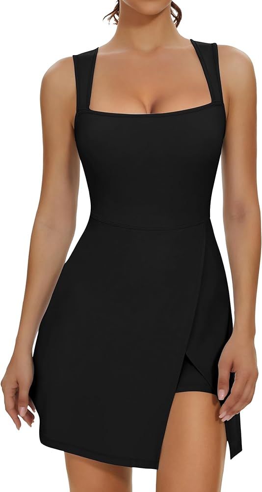 Fengbay Womens Tennis Dress Square Neck Sleeveless Athletic Dress Side Slit Flare Workout Dress | Amazon (US)