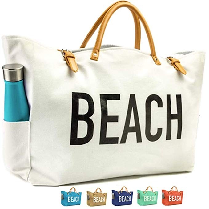 KEHO Large Canvas Beach Bag Travel Tote (White), Waterproof Lining, 3 Pockets, FREE Phone Protector | Amazon (US)