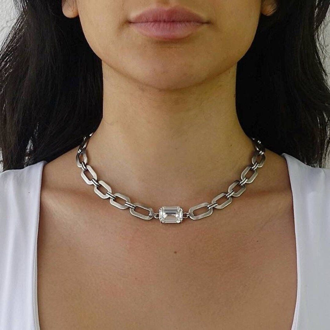Trendy silver necklace with a large crystal, Silver choker, Statement necklace | Etsy (US)