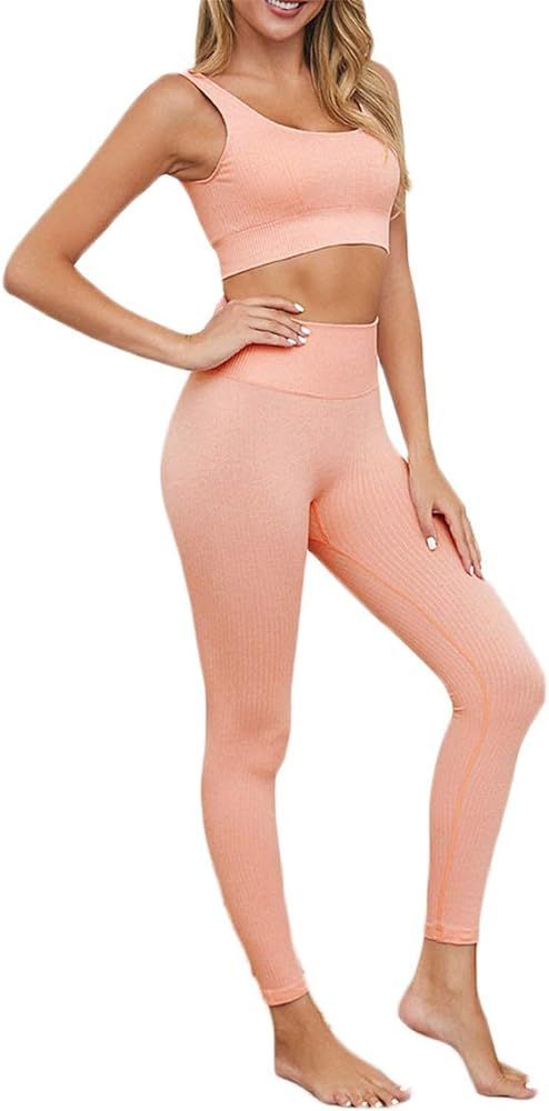Hotexy Women's Workout Outfit 2 Pieces Seamless Yoga Leggings with Sports Bra Gym Clothes Set | Amazon (US)