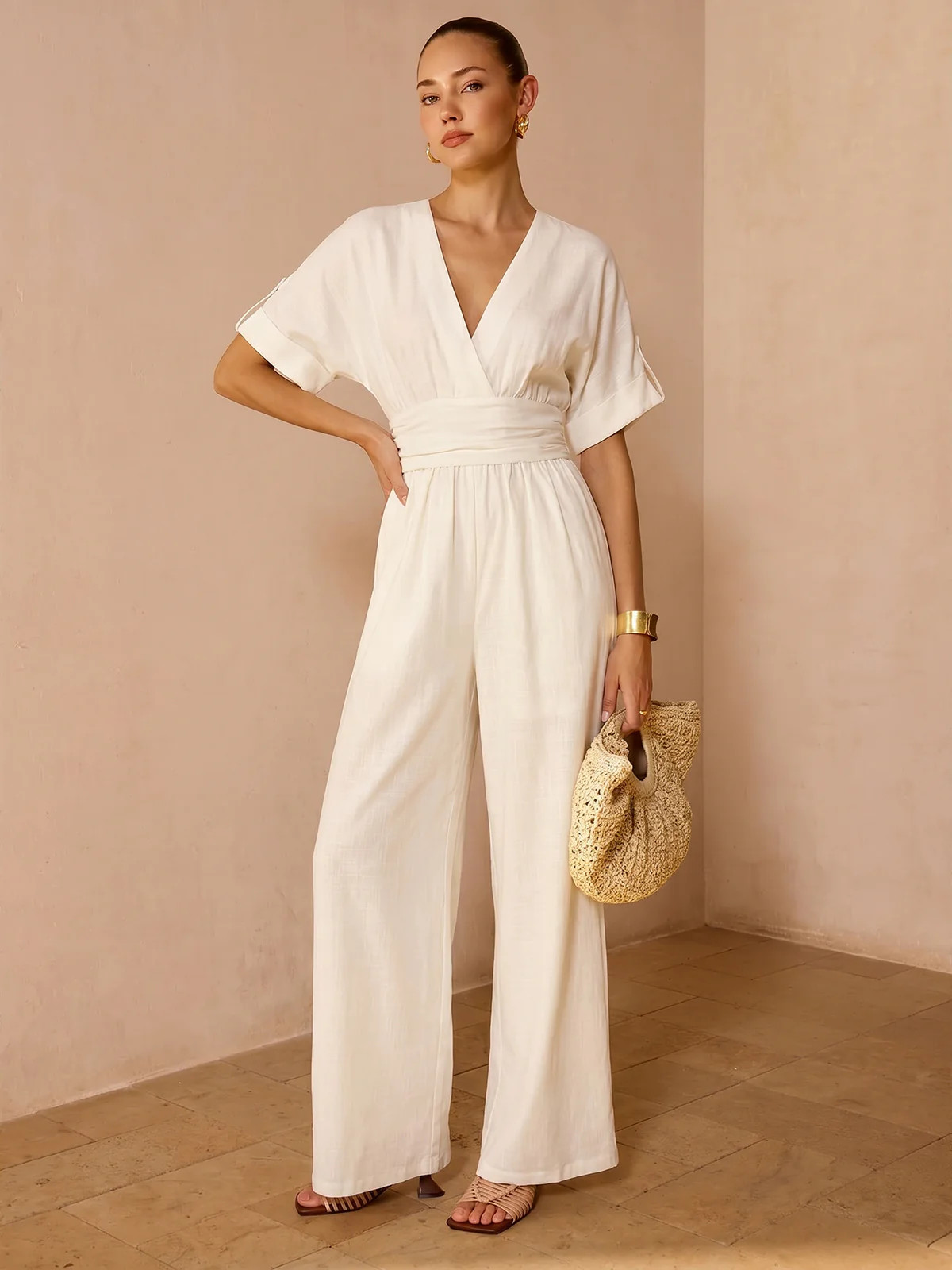 Tencel Blend Ruched Waist Wide Leg Jumpsuit | Commense