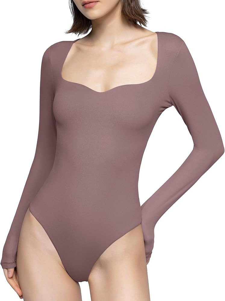 PUMIEY Women's Sweetheart Neck Long Sleeve Bodysuit Slimming Body Suit Going Out Tops Smoke Cloud... | Amazon (US)