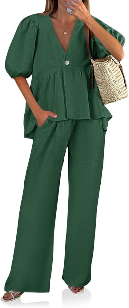 Tankaneo Womens 2 Piece Linen Sets Summer Vacation Outfits V Neck Puff Sleeve Babydoll Tops Wide ... | Amazon (US)