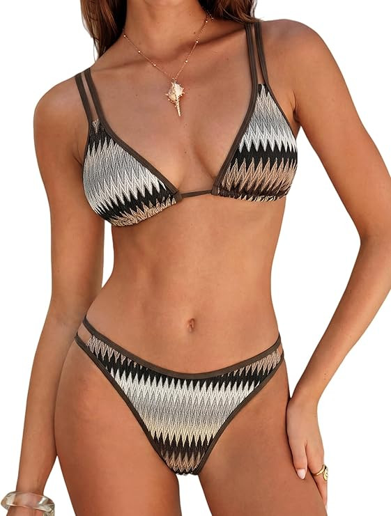 ZAFUL Bikini Sets for Women Dual Straps Wave Texture Cutout Color Block Triangle Swimsuits 2 Piec... | Amazon (US)