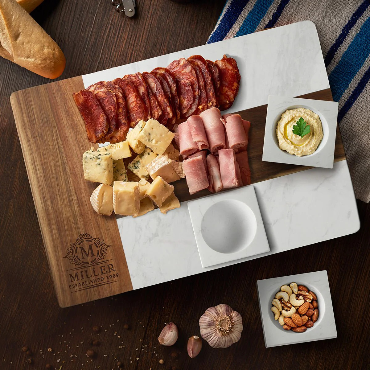 Winslow Charcuterie Board with Appetizer Condiment Bowls, White Marble | HomeWetBar.com