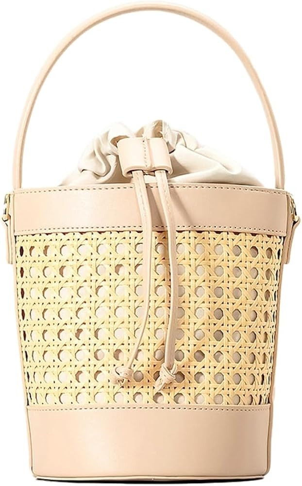 Rattan Bag for Women Straw Tote Bucket Bag PU Leather Summer Beach Bag Holiday Purses | Amazon (US)