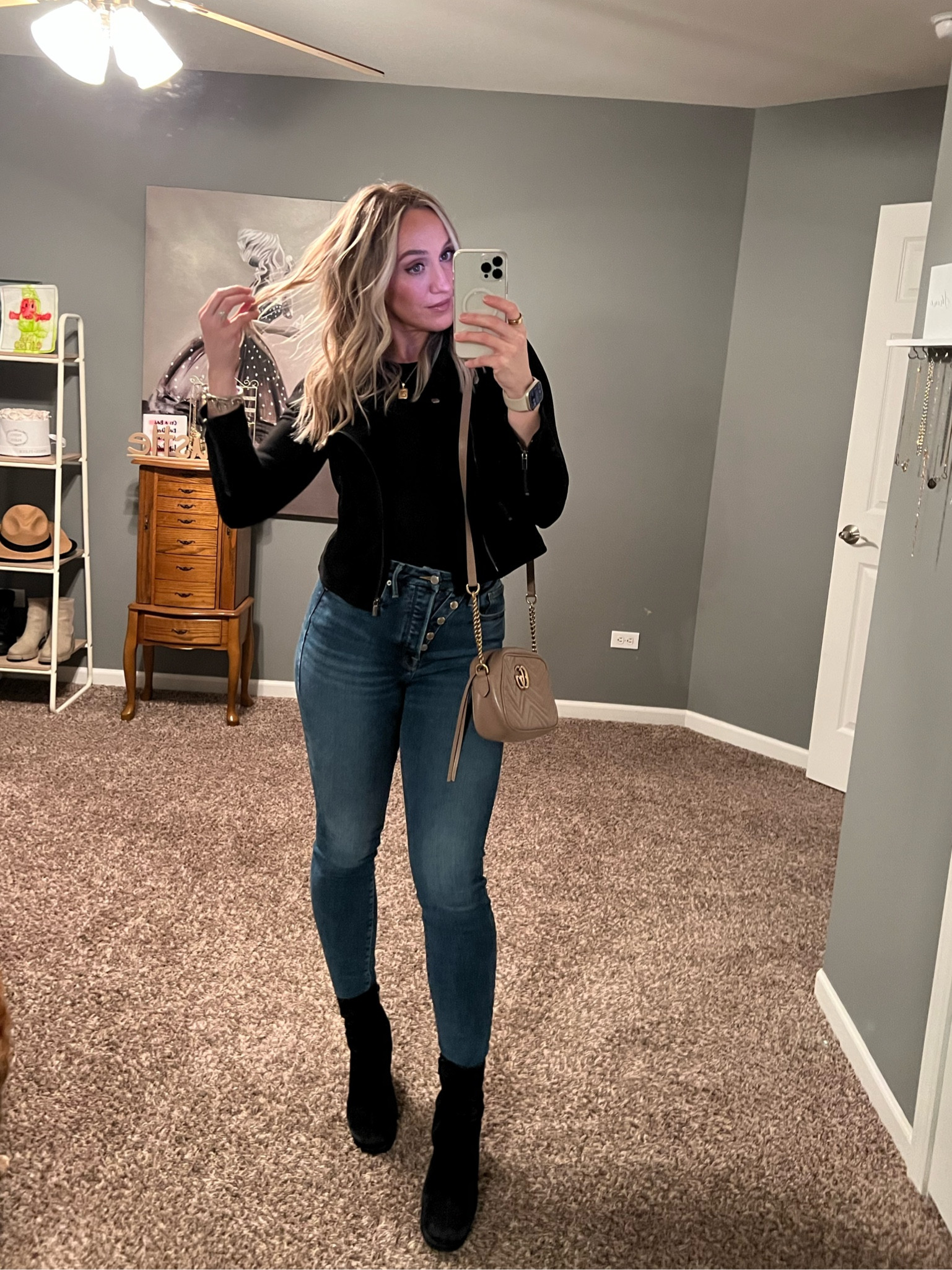 Girls night out outfit! Date night outfit, night out outfit, easy outfit ideas, Amazon fashion, jeans, good American, jacket, suede jacket, aritzia crop top, black boots, Steve Madden boots, designer purse, Gucci purse

#LTKstyletip #LTKshoecrush #LTKitbag