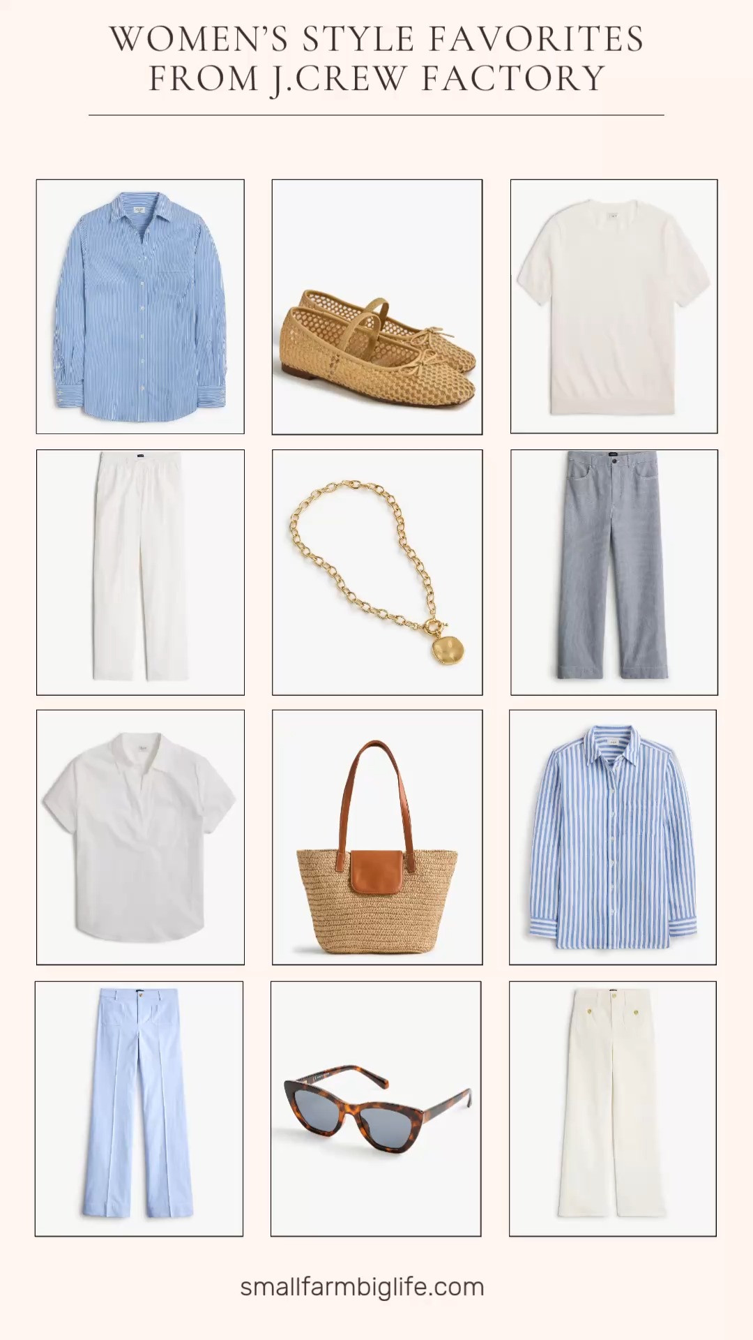 More beautiful finds from J.Crew Factory that I cannot stop thinking about! From breezy gauze button up shirts and poplin popovers to wide leg linen pants, sailor jeans, and the most gorgeous striped cropped wide leg trousers, plus woven square toe ballet flats, a beautiful straw tote, tortoiseshell cat eye sunglasses, and a delicate hammered gold pendant necklace, these are the classic and effortless pieces that make the perfect spring and summer wardrobe. All the crisp whites, navy stripes, and natural tones that work together beautifully. Linking everything below! 

 #LTKootd #LTKOver40 #LTKTravel