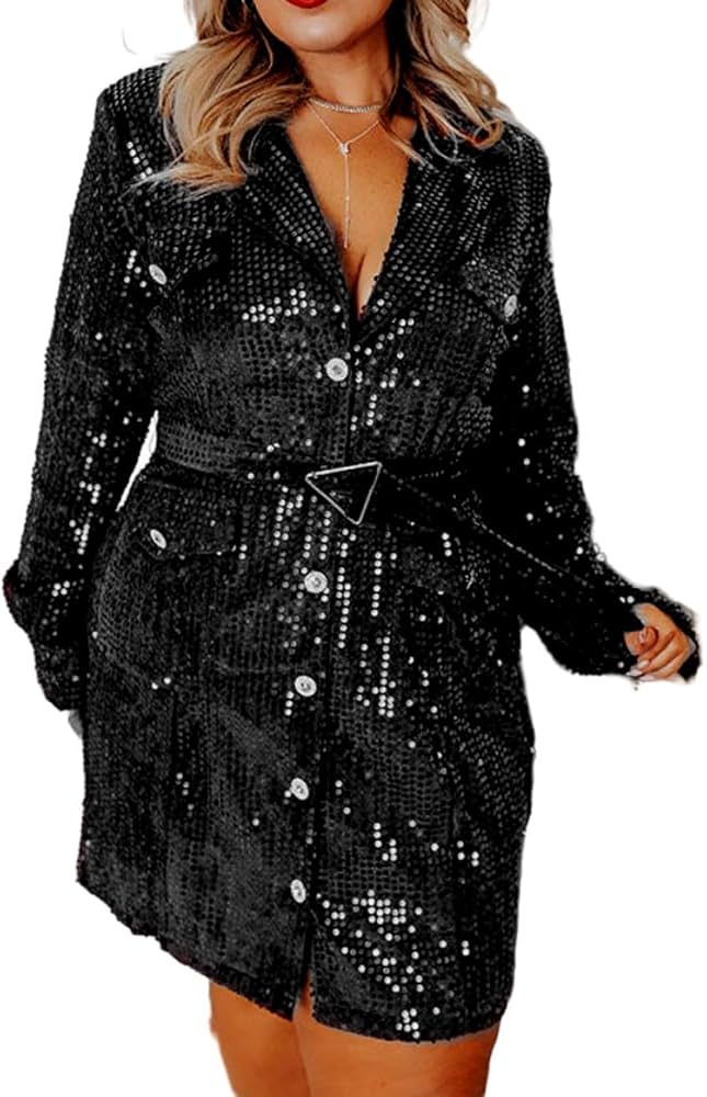 Womens Sexy Deep V Cocktail Dress Sparkly Sequin Blazer A Line Button Down Dress | Amazon (US)