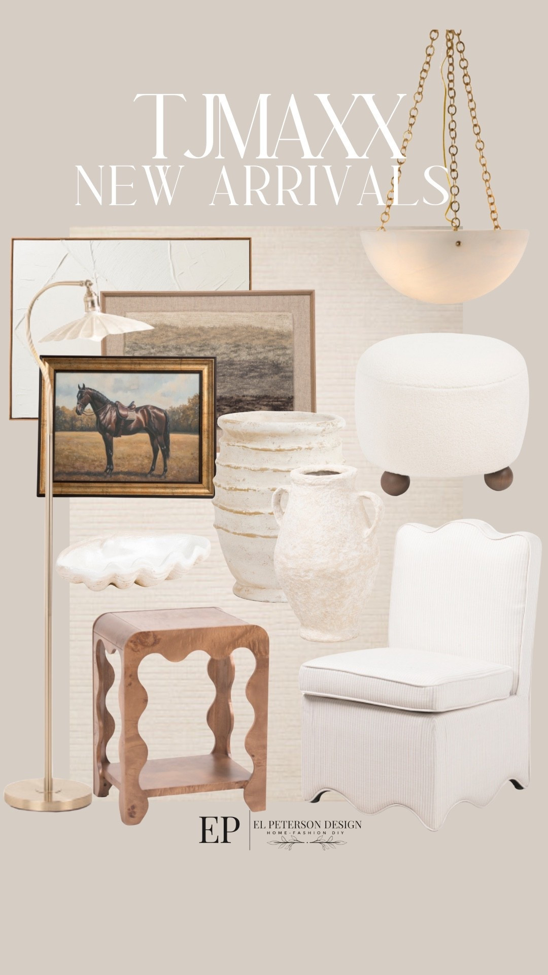 Tjmaxx
New arrivals
Dining chair
Ottoman
Accent table
Vase
Chandelier 
Artworks
Area rug
Shell bowl

#LTKHome