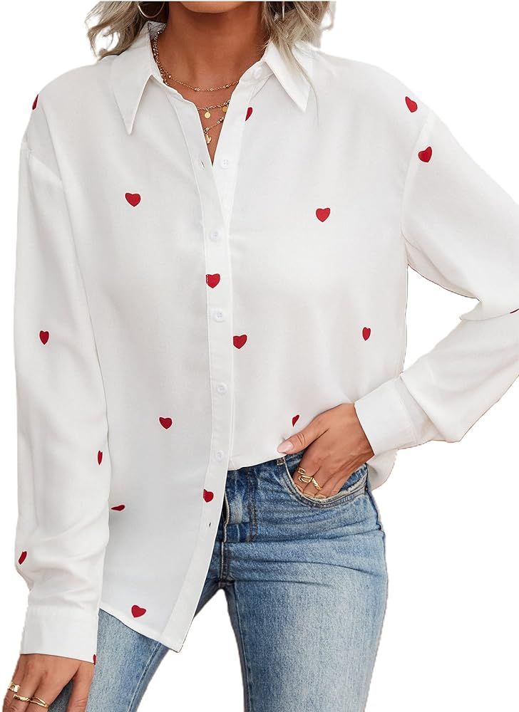 OYOANGLE Women's Heart Print Bottom Down Long Sleeve Drop Shoulder Casual Work Shirt | Amazon (US)