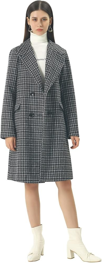 CHARTOU Women's Winter Oversize Lapel Collar Woolen Plaid Double Breasted Long Peacoat Jacket | Amazon (US)