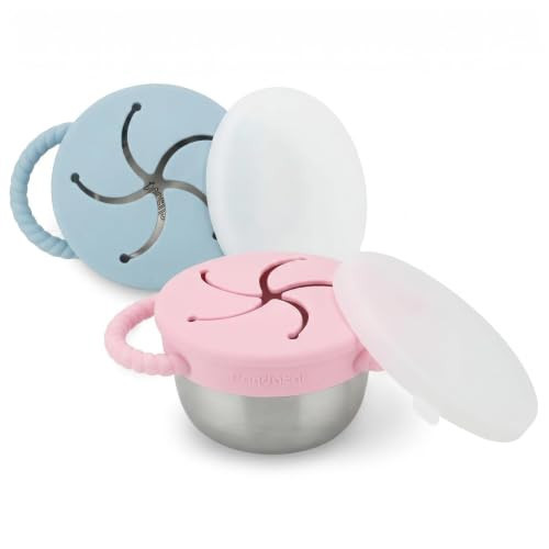 PandaEar 2 Pack Stainless Steel Toddler Snack Cups, Spill Proof Snack Containers with Silicone Food Catcher & Handles, 9 oz Baby Snack Cup Holder with Lid for Kids, Dishwasher Safe (Blue & Pink) | Amazon (US)