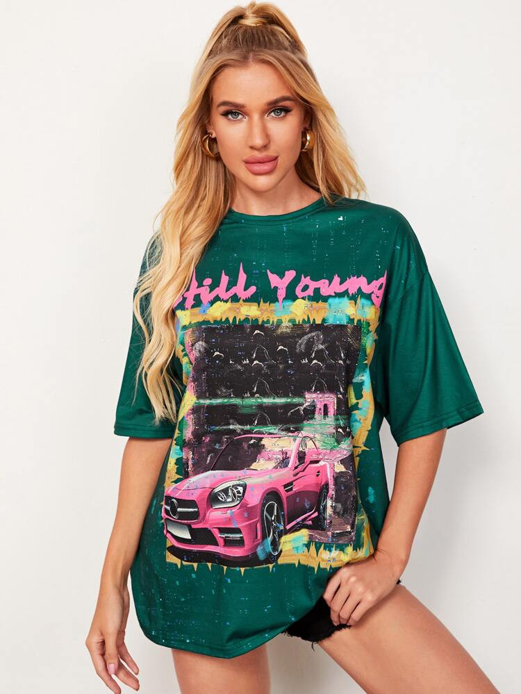 SHEIN EZwear Drop Shoulder Letter and Car Print Top | SHEIN