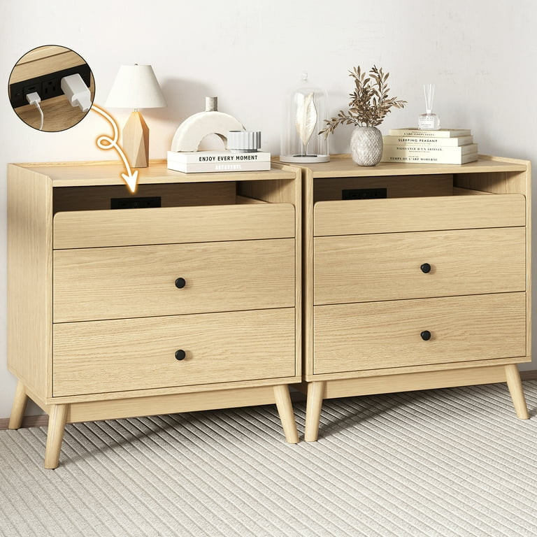 IDEALSOUL Nightstand Set of 2, 24 inch End Side Table with Hidden Charging Station, Large Wooden ... | Walmart (US)