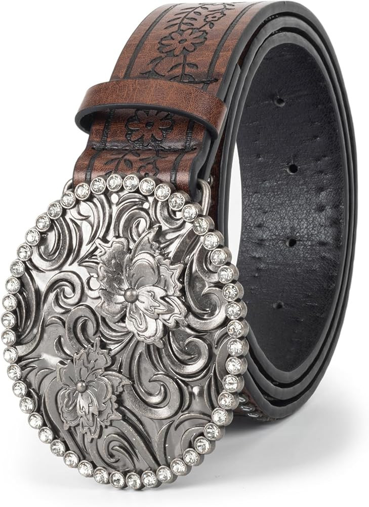 Womens-Western-Belt Rhinestone-Cowboy-Cowgirl Belt - Embossed PU-Leather Belt with Diamond Flower... | Amazon (US)