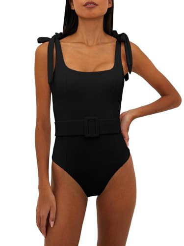 Saodimallsu Womens Sexy One Piece Bathing Suit High Cut Knit Square Neck Tied Strappy Swimsuit with Belt Black | Amazon (US)
