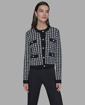 Women's Houndstooth Long Sleeve Cardigan with Embellished Button Detail | Macy's