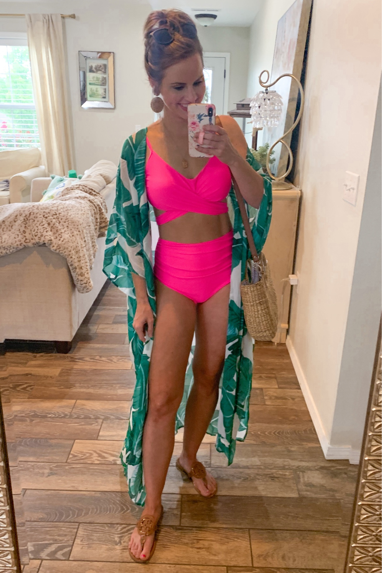 Amazon swimsuit and coverup!! My fave two piece high waisted two piece!! it has good support & full booty coverage!! 👍🏼 mom friendly swimsuit. Love my Tory Burch dupe sandals /flip flops!! 


Palm print kimono. Hot pink wrap style swimsuit. Rattan earrings. Amazon sunglasses. Palm tree kimono coverup. Vacation outfit. Amazon summer outfit. Bikini. 

#LTKtravel #LTKunder50 #LTKSeasonal