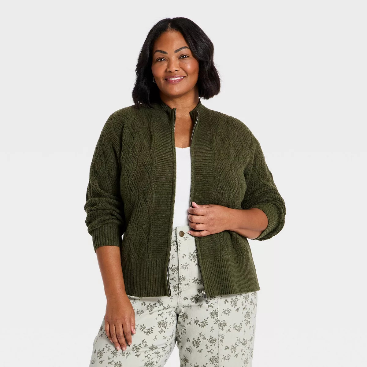 Women's Plus Full Zip-Up Mock Sweater - Ava & Viv\u2122 Green 1X | Target