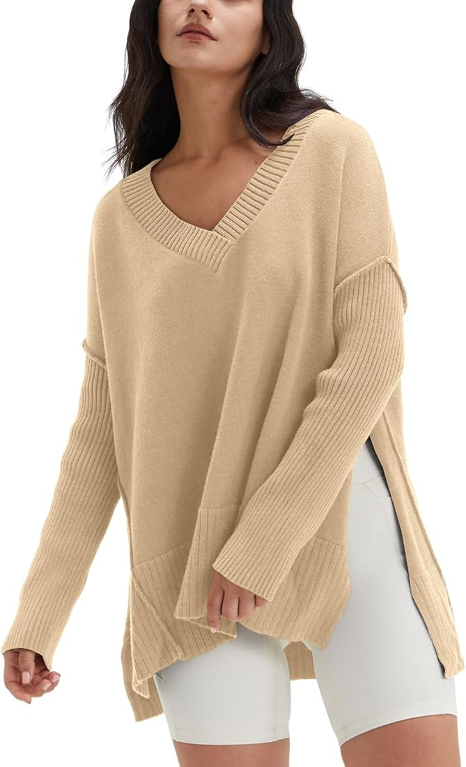 DEEP SELF Women's V Neck Oversized Sweaters Long Batwing Sleeve Split Hem Pullover Asymmetric Loo... | Amazon (US)