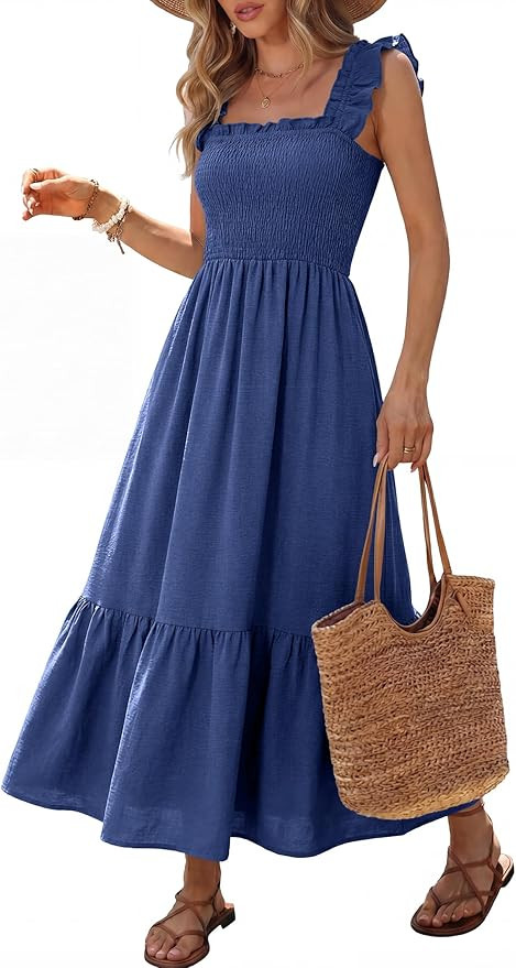 Caracilia Womens Summer Casual Maxi Dress Ruffle Spaghetti Strap Gingham Smocked Long Dresses 202... | Amazon (US)
