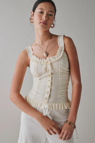 Kimchi Blue Aimee Ruffle Button-Front Corset Tank Top | Urban Outfitters (US and RoW)