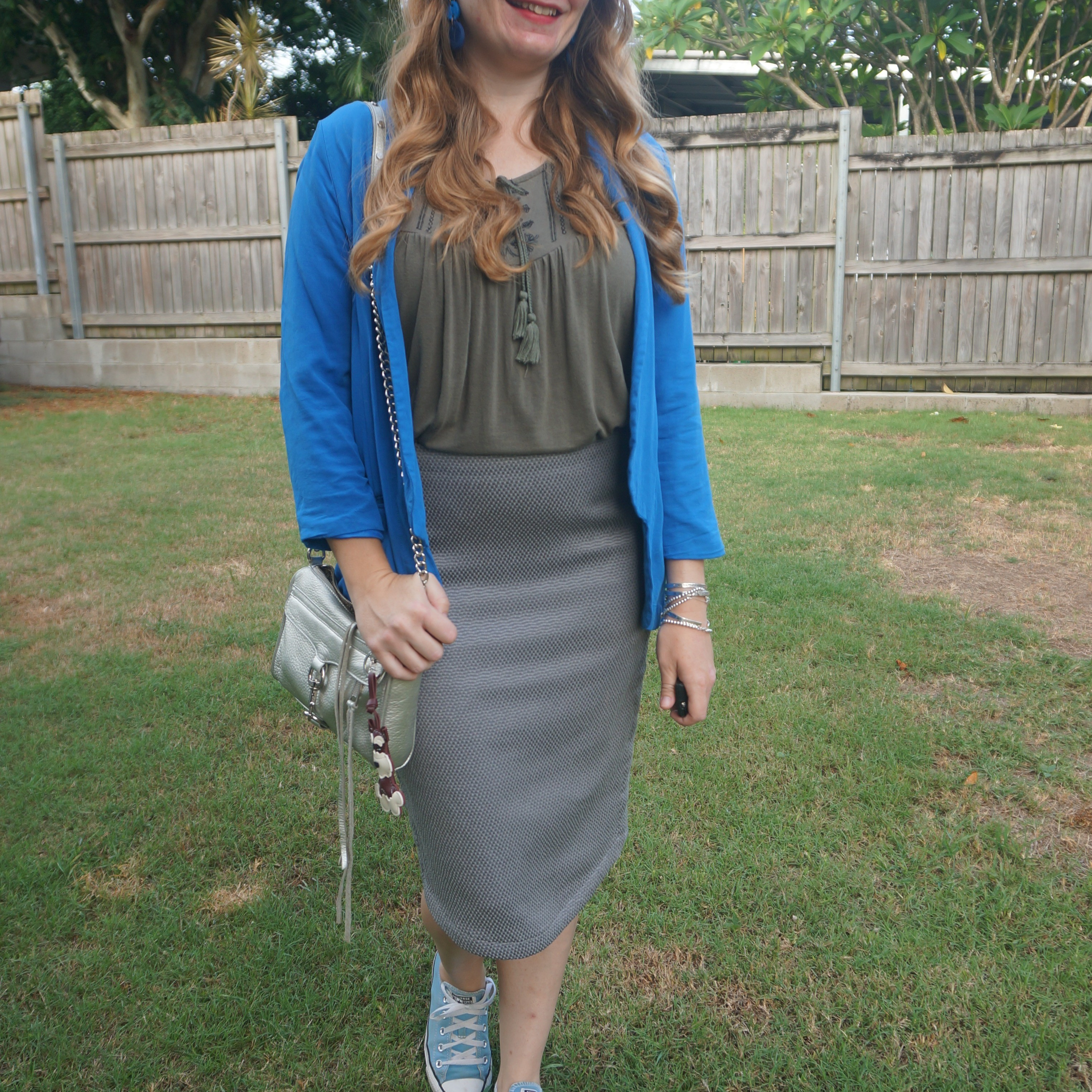 Blue blazer, olive embroidered tank, grey textured pencil skirt, blue Converse and silver Rebecca minkoff mini MAC bag 💙💚

#LTKworkwear #LTKbag #LTKsummer