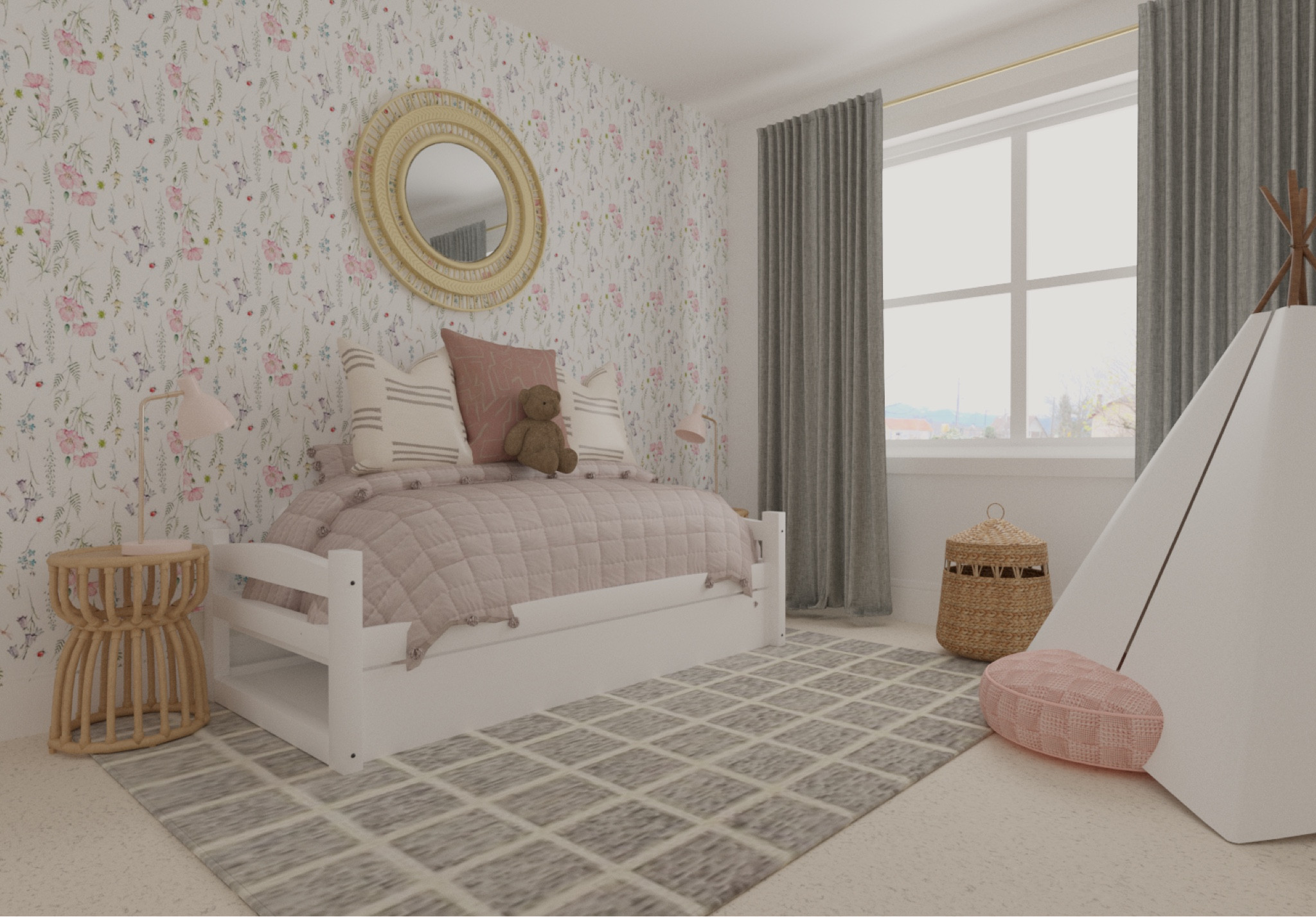 Girls bedroom. 
Wallpaper, girls bedding, rug, mirror, baskets, nursery 

#LTKhome #LTKstyletip #LTKsalealert