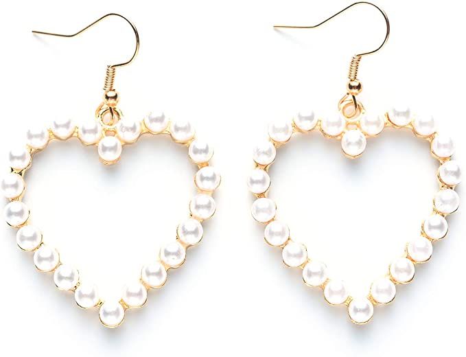 Pearl Earrings Heart Dangle for Women Girls Valentines Day Fashion Freshwater Teardrop Earrings S... | Amazon (US)
