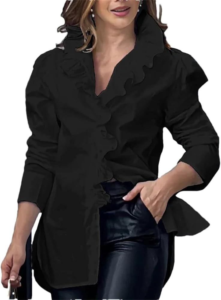Ruffled Collar Shirts for Women V Neck Long Puff Sleeve Side Slit Blouse Elegant Office Work Busi... | Amazon (US)