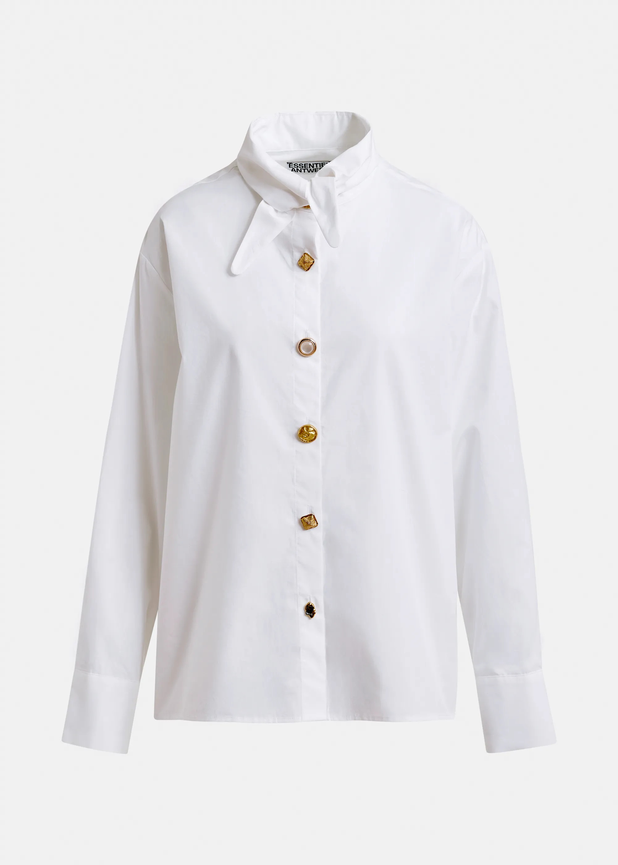 White cotton shirt with elongated collar and mismatched buttons | Essentiel Antwerp United Kingdo... | Essentiel Antwerp