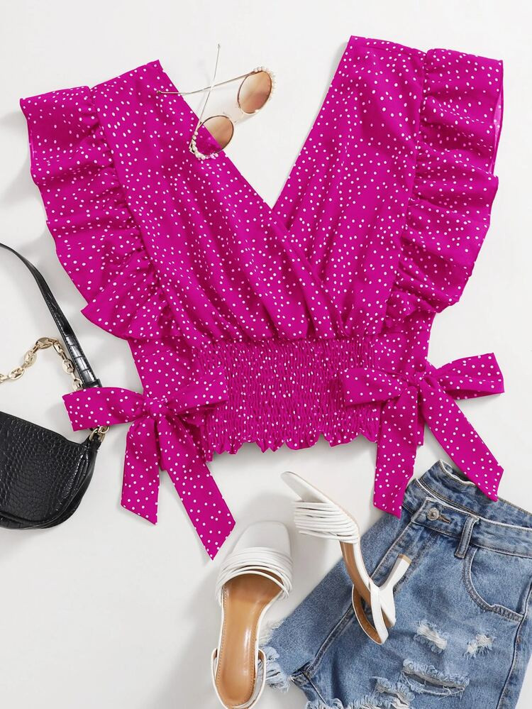 Plus Ruffle Trim Knot Side Polka Dot Blouse | SHEIN
