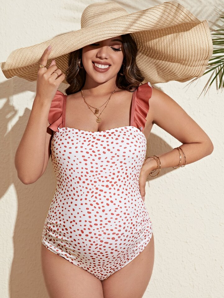 SHEIN Maternity Allover Print Ruffle Trim One Piece Swimsuit | SHEIN