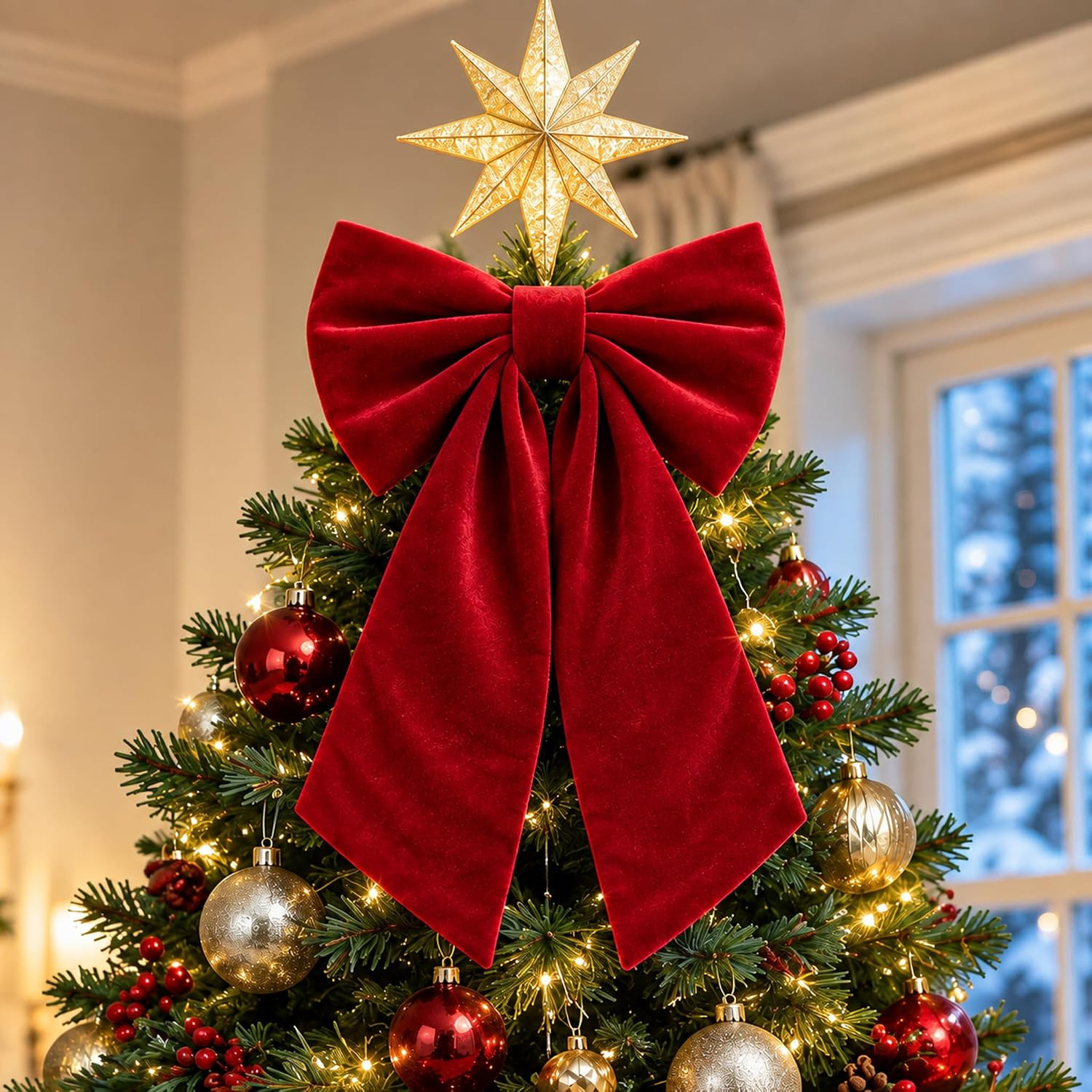Christmas Tree Topper Bows, 20x35 Large Velvet Wine Red Bows, Burgundy Christmas Bow for Verstaile Xmas Decor | Amazon (US)