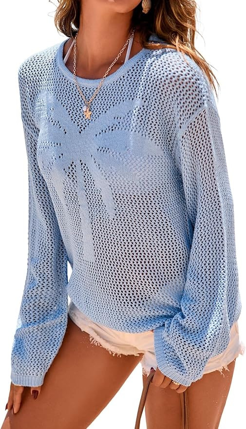 Dokotoo Womens Fashion 2026 Summer Crochet Hollow Out Long Sleeve Sweaters Casual Crewneck Pullov... | Amazon (US)
