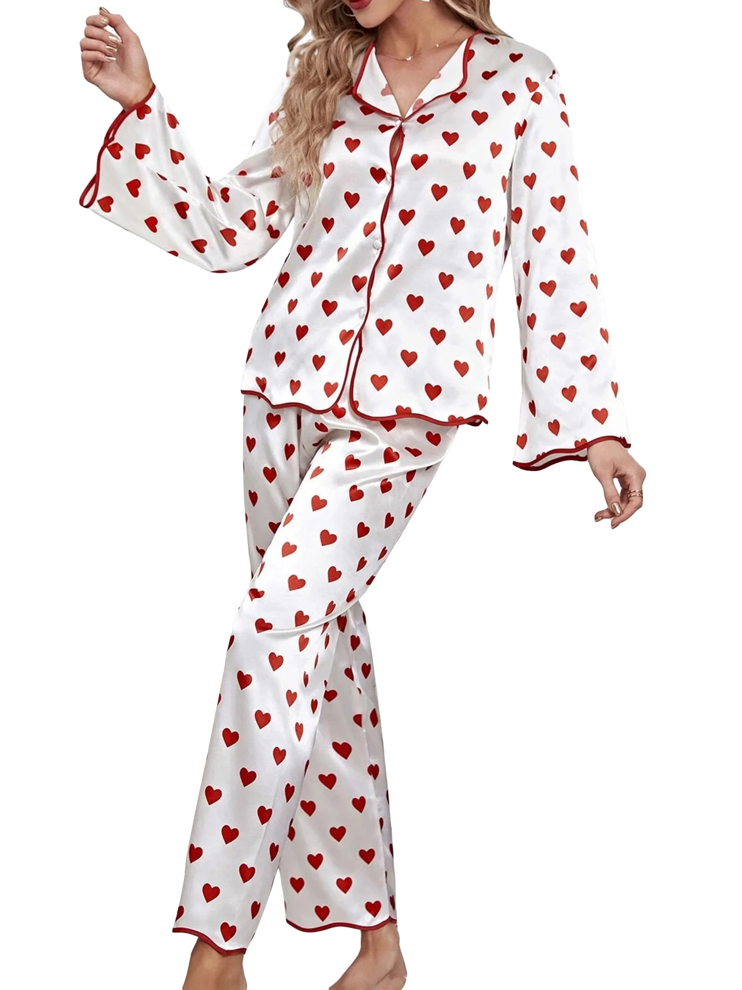 Women Valentine's Day Pajamas Set Long Sleeve Love Printed Satin PJ Sets Button-Down Pajama Sleep... | Walmart (US)