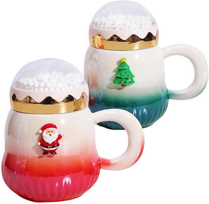 Christmas Mugs 2-Pack with Snow Globe Lids 15Oz Red & Green Gradient Ceramic Cups with 3D Santa &... | Amazon (US)