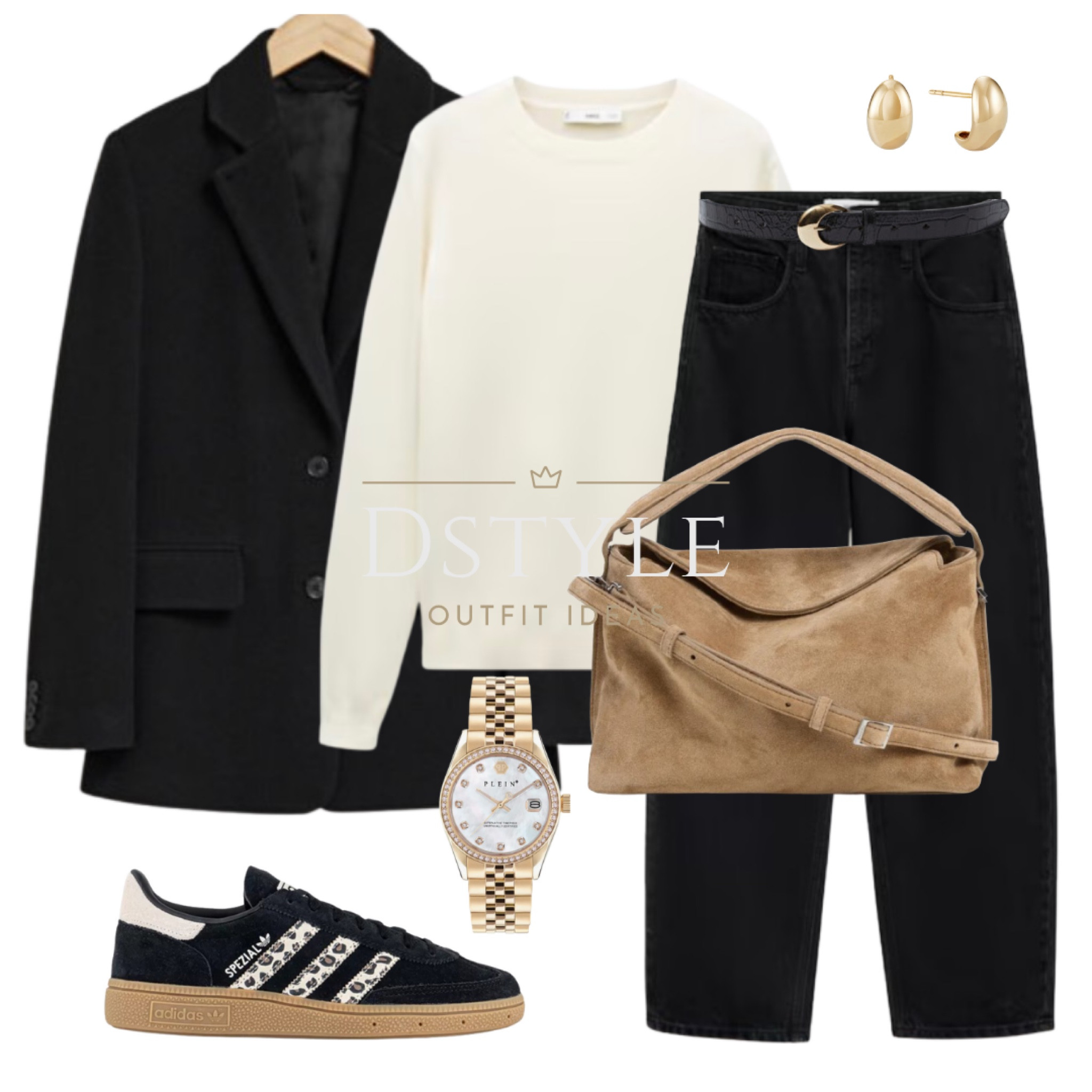 Black oversized wool blazer, ecru 100% cashmere sweater/jumper, black balloon jeans, suede bag in sand, black Adidas Spezial sneakers/trainers with leopard accent

#LTKWorkwear #LTKShoeCrush #LTKStyleTip