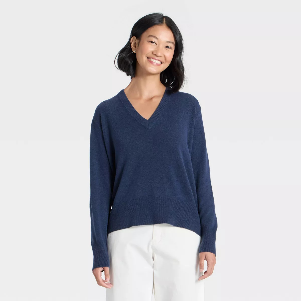 Women's Cozy Knit Relaxed V-Neck Pullover - A New Day™ Navy L | Target