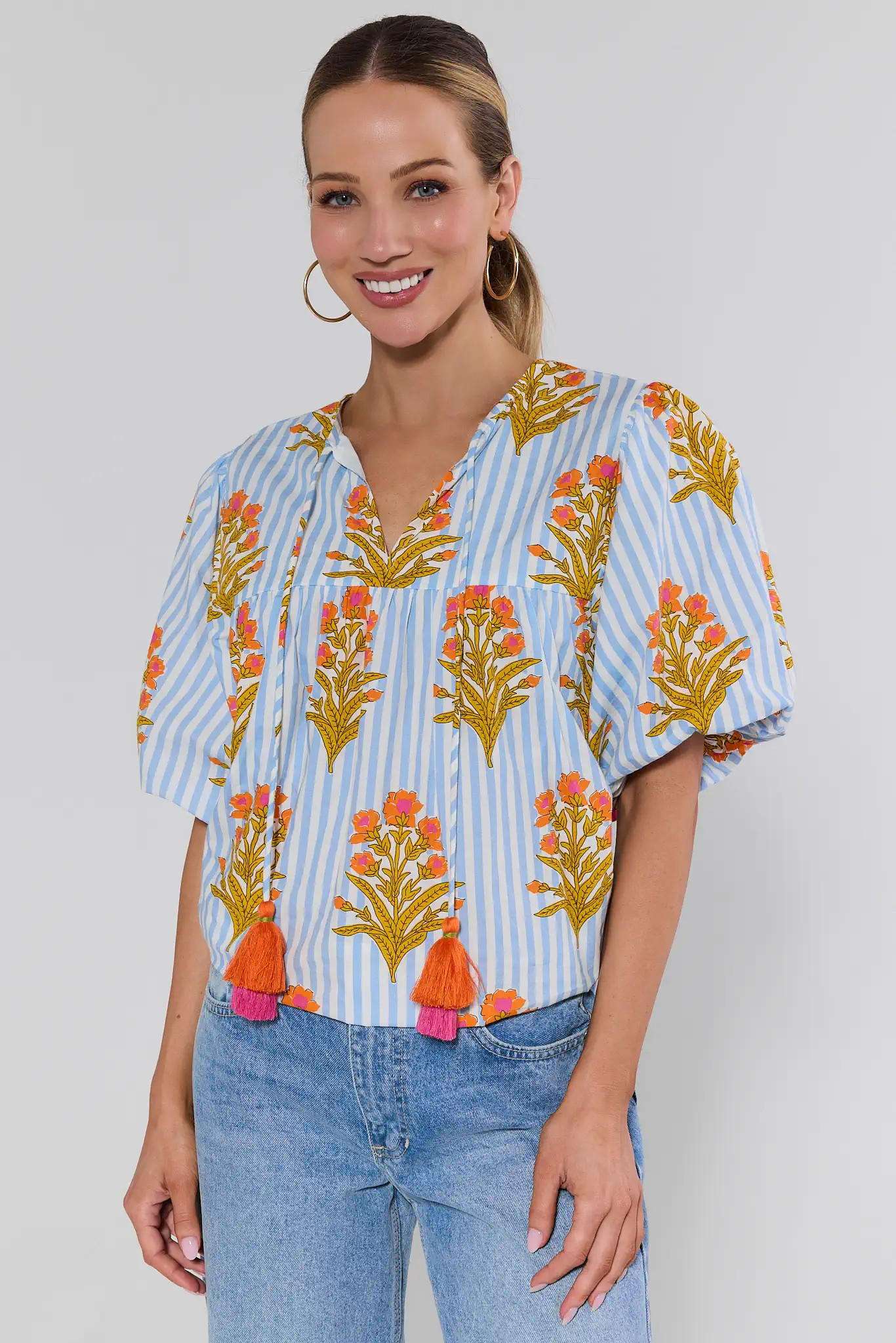 Blue Striped Floral Print Top | Avara